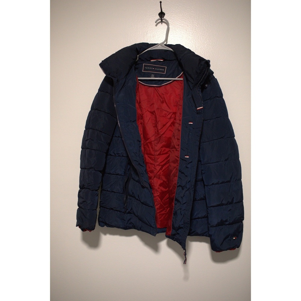 Tommy Hilfiger Womens Navy Blue Puffer Jacket Hooded Quilted Coat Large L/G/G
